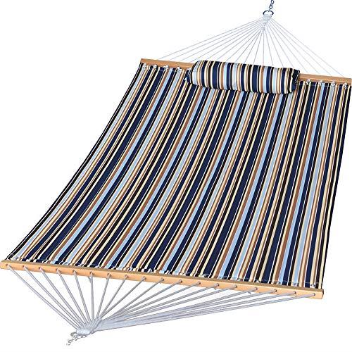 Prime Garden Quilted Fabric Hammock with Spreader Bars & Pillow, Double Wide for For Outdoor Patio, Yard, Porch