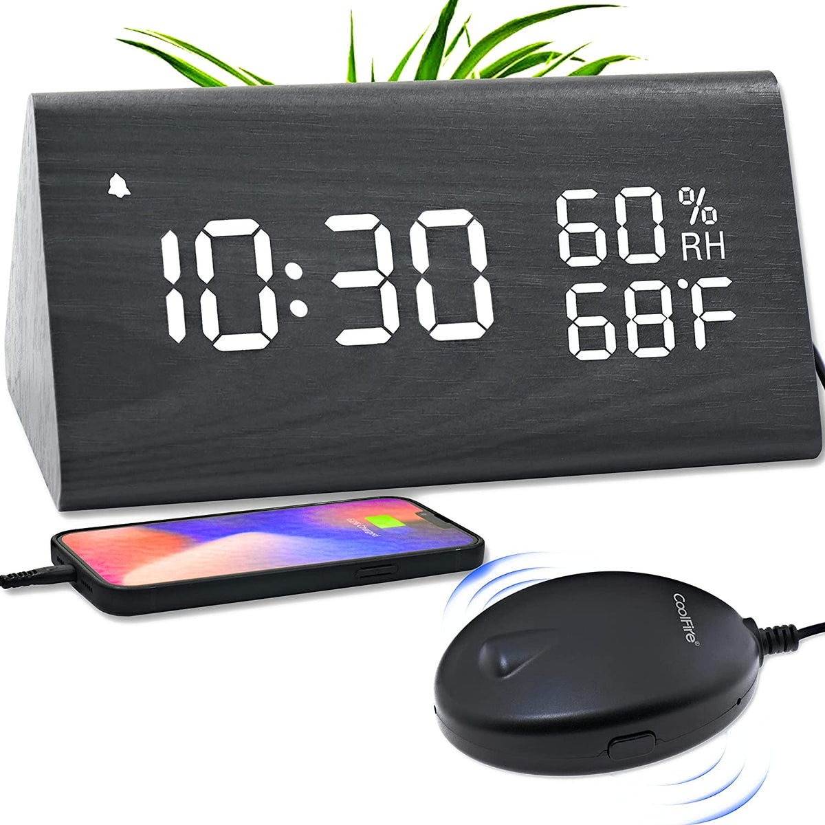 Coolfire Wooden Digital Alarm Clock with Vibrating Bed Shaker