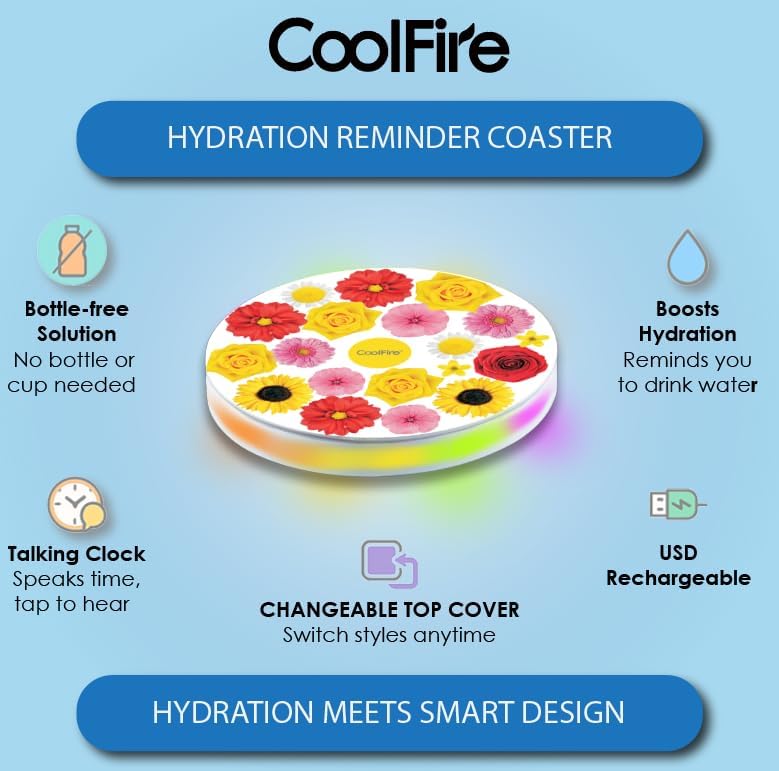 Coolfire Self-Care Gift – Smart Hydration Reminder Coaster with Voice Alerts, Ambient Light &amp; Changeable Mood Covers for Pregnancy, ADHD, Stress Relief &amp; Everyday Wellness BAT-CTC02
