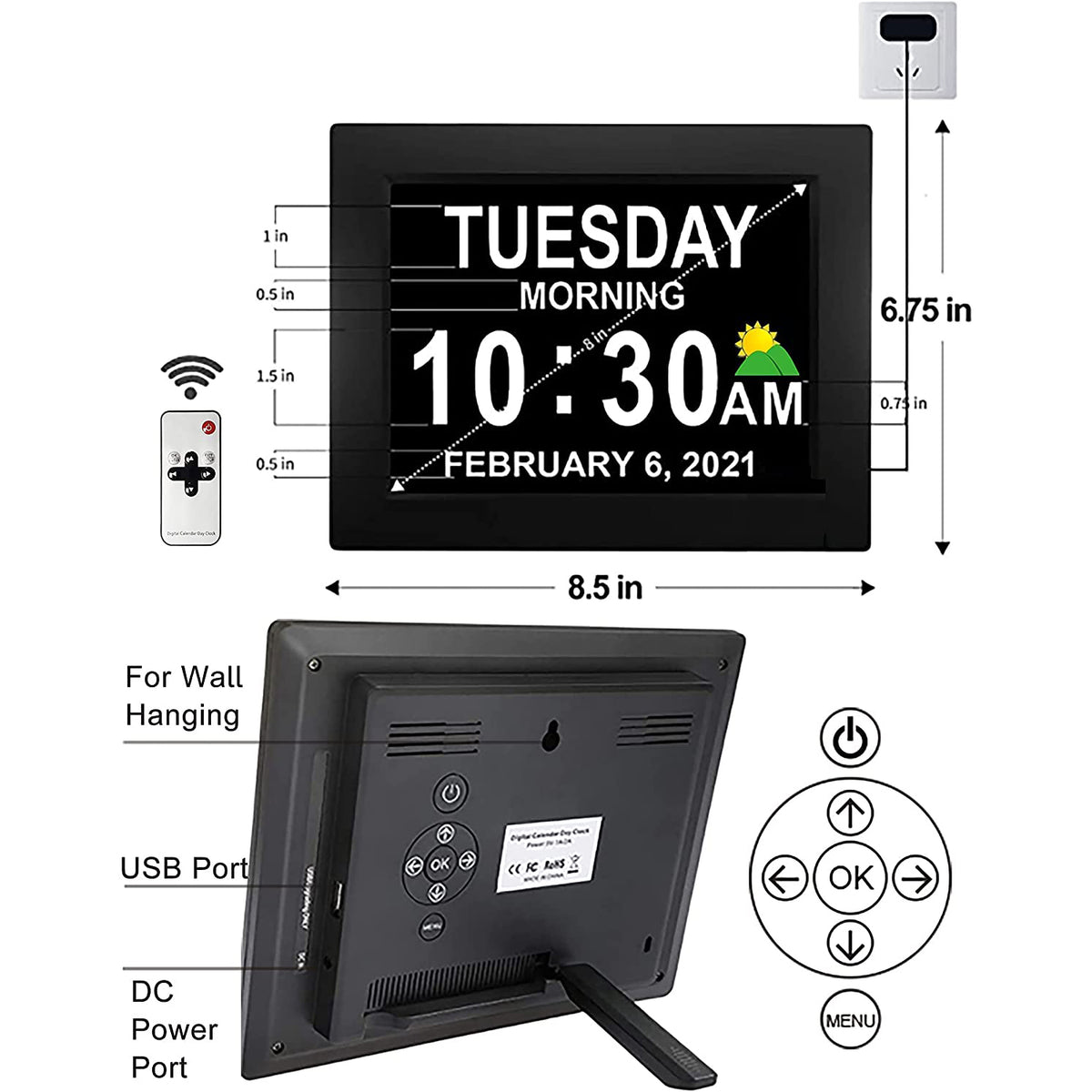 8” Digital Calendar, Clock with Day and Date for Elderly, Day Clock, Digital Clock