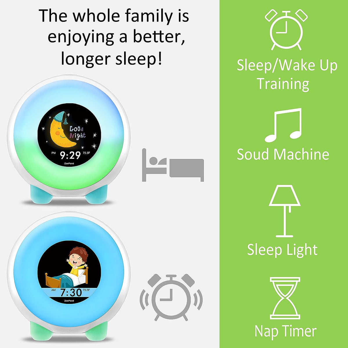 ZOOPOND - Full-Color Mobile Display Alarm Clock for Kids, Kids Alarm Clock, Kids Night Light, Ok to Wake Clock, Wake Up Light, Toddler Clock GRO Clock, Sound Machine Kids, 16 Cartoon Characters Z06A