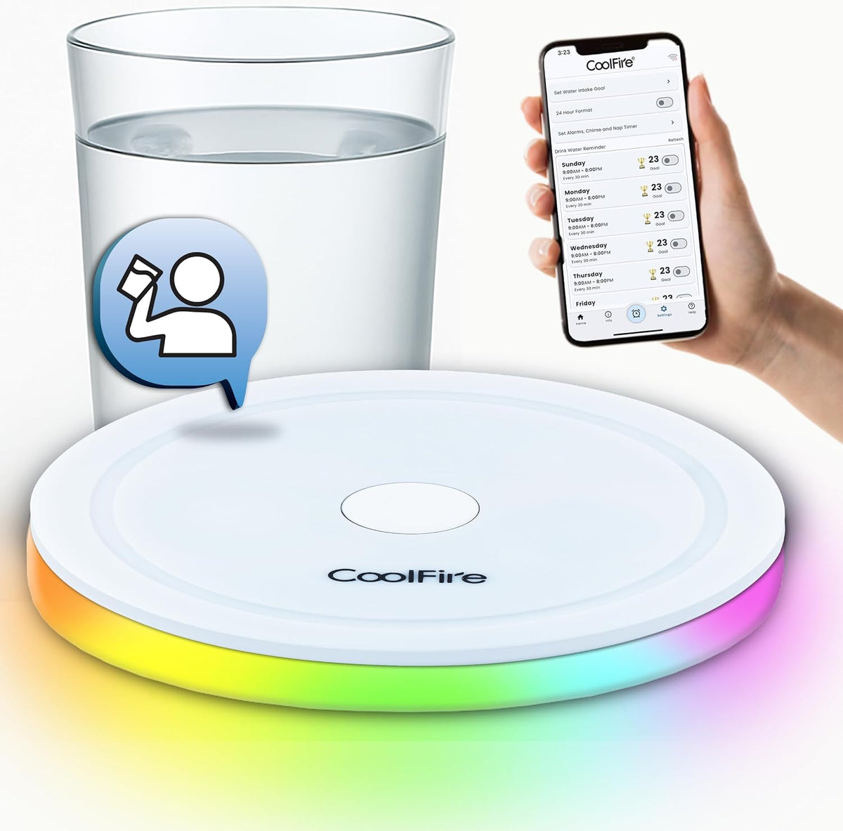 Coolfire Self-Care Gift – Smart Hydration Reminder Coaster with Voice Alerts, Ambient Light &amp; Changeable Mood Covers for Pregnancy, ADHD, Stress Relief &amp; Everyday Wellness BAT-CTC02