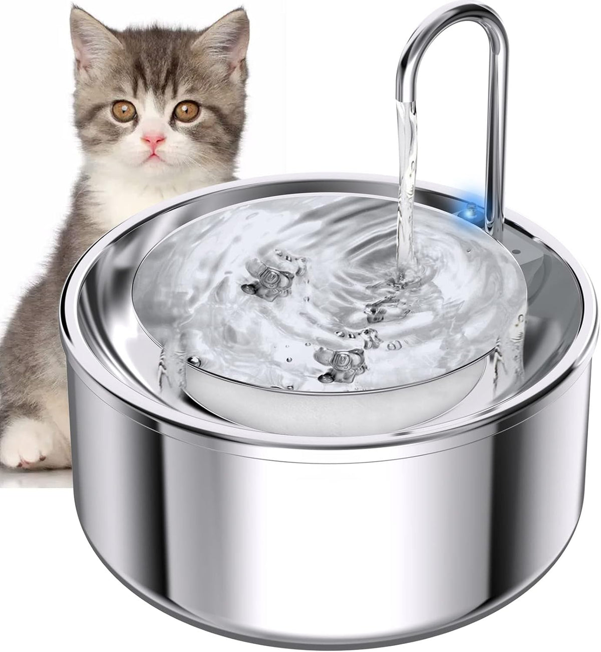 EALLOO Cat Water Fountain Stainless Steel, 2.5L/84oz Automatic Pet Water Fountain for Cats Inside, Dog Water Dispenser, Ultra-Quiet Pump with Led Light, 3 Replacement Filters
