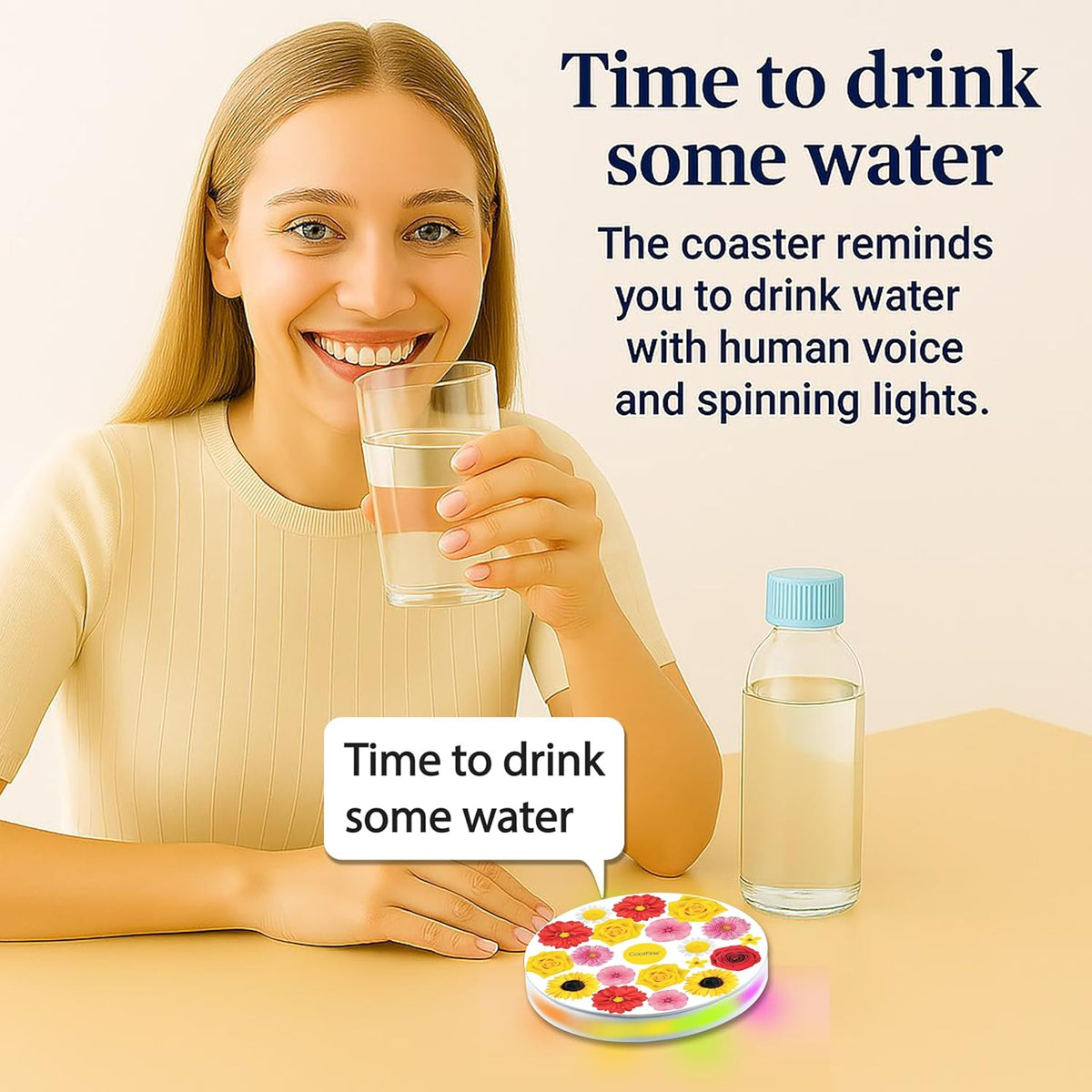 Coolfire Self-Care Gift – Smart Hydration Reminder Coaster with Voice Alerts, Ambient Light &amp; Changeable Mood Covers for Pregnancy, ADHD, Stress Relief &amp; Everyday Wellness BAT-CTC02