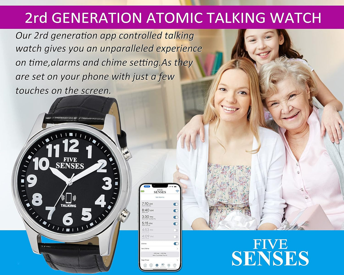 Jumbo Smart Atomic Talking Watch with Voice Reminders and App Control for Seniors and Visually Impaired - Great Gift for Blind Men and Women. Metal Talking Watches for The Blind (Black)