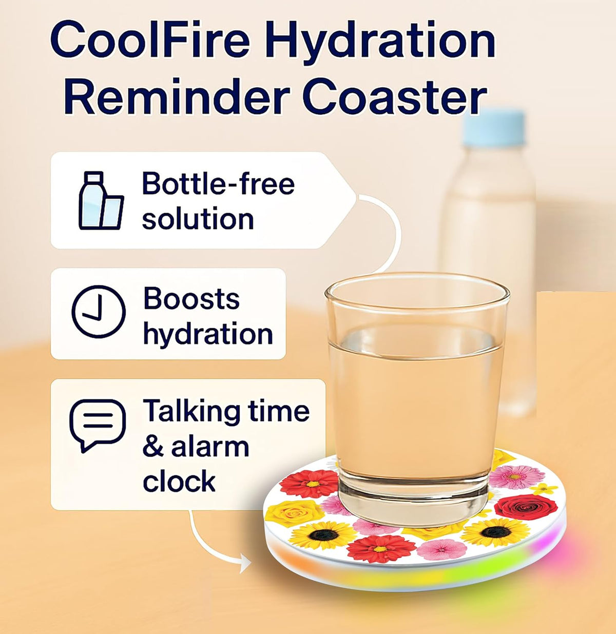 Coolfire Self-Care Gift – Smart Hydration Reminder Coaster with Voice Alerts, Ambient Light &amp; Changeable Mood Covers for Pregnancy, ADHD, Stress Relief &amp; Everyday Wellness BAT-CTC02