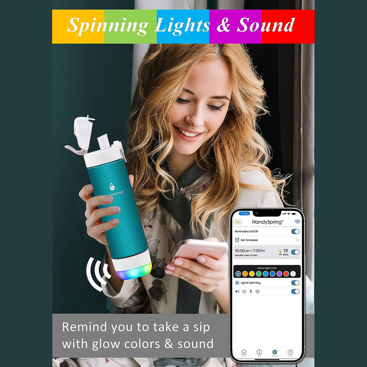 HandySpring - 26 oz Smart Water Bottle with Reminder to Drink Water - Lights & Sound Alert (Switchable) Hydrate Water Bottle, Water Tracker with Spout, Smart Hydration Light H(S)-01PE