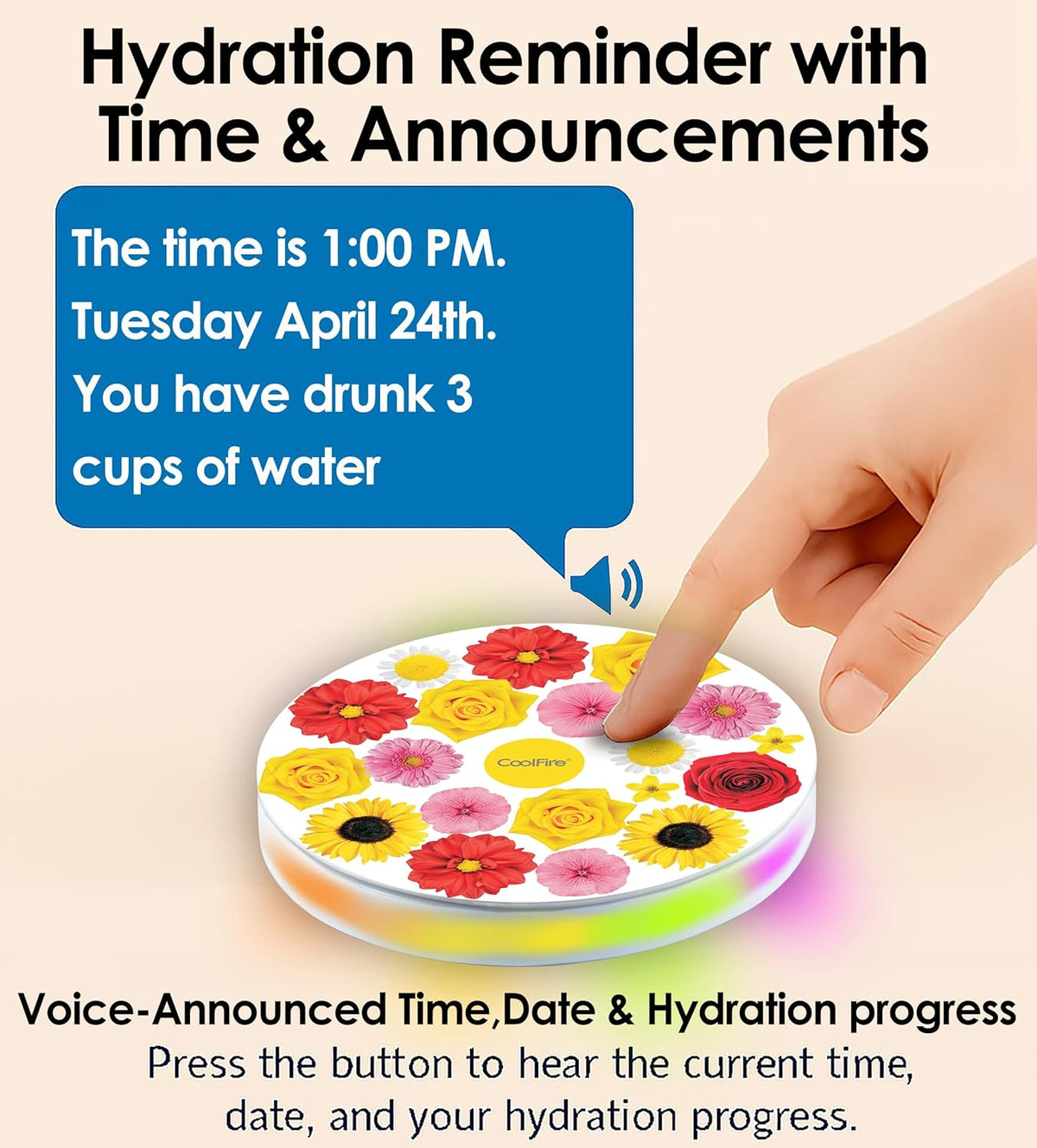 Coolfire Self-Care Gift – Smart Hydration Reminder Coaster with Voice Alerts, Ambient Light &amp; Changeable Mood Covers for Pregnancy, ADHD, Stress Relief &amp; Everyday Wellness BAT-CTC02