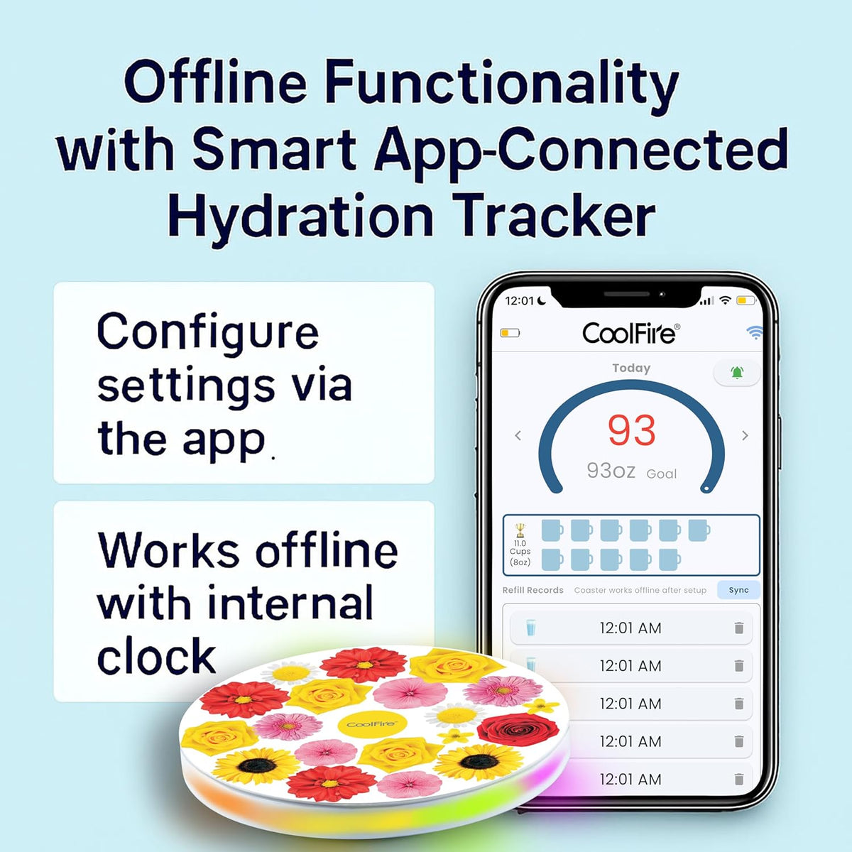 Coolfire Self-Care Gift – Smart Hydration Reminder Coaster with Voice Alerts, Ambient Light &amp; Changeable Mood Covers for Pregnancy, ADHD, Stress Relief &amp; Everyday Wellness BAT-CTC02