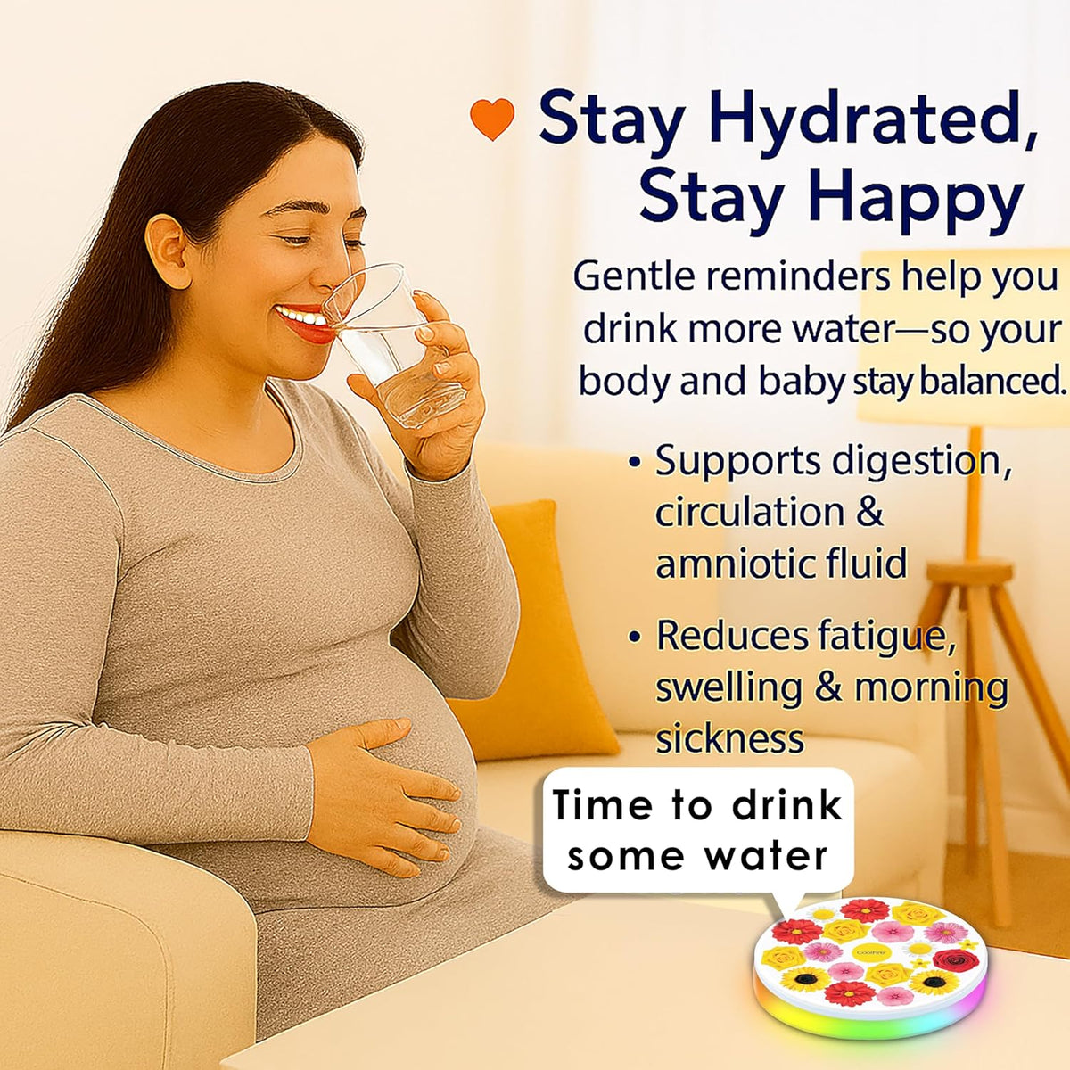 Coolfire Self-Care Gift – Smart Hydration Reminder Coaster with Voice Alerts, Ambient Light &amp; Changeable Mood Covers for Pregnancy, ADHD, Stress Relief &amp; Everyday Wellness BAT-CTC02