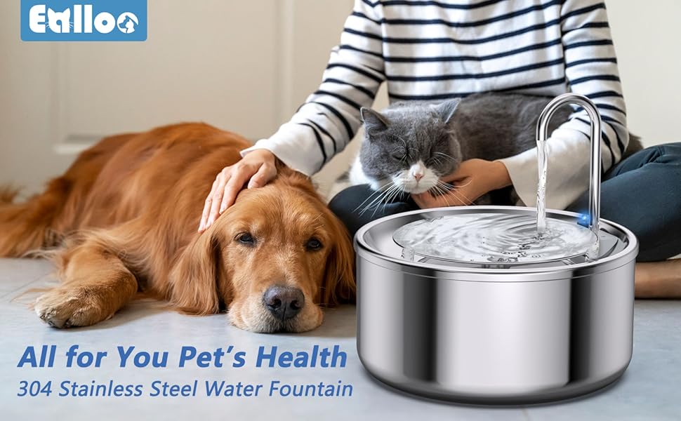 EALLOO Cat Water Fountain Stainless Steel, 2.5L/84oz Automatic Pet Water Fountain for Cats Inside, Dog Water Dispenser, Ultra-Quiet Pump with Led Light, 3 Replacement Filters