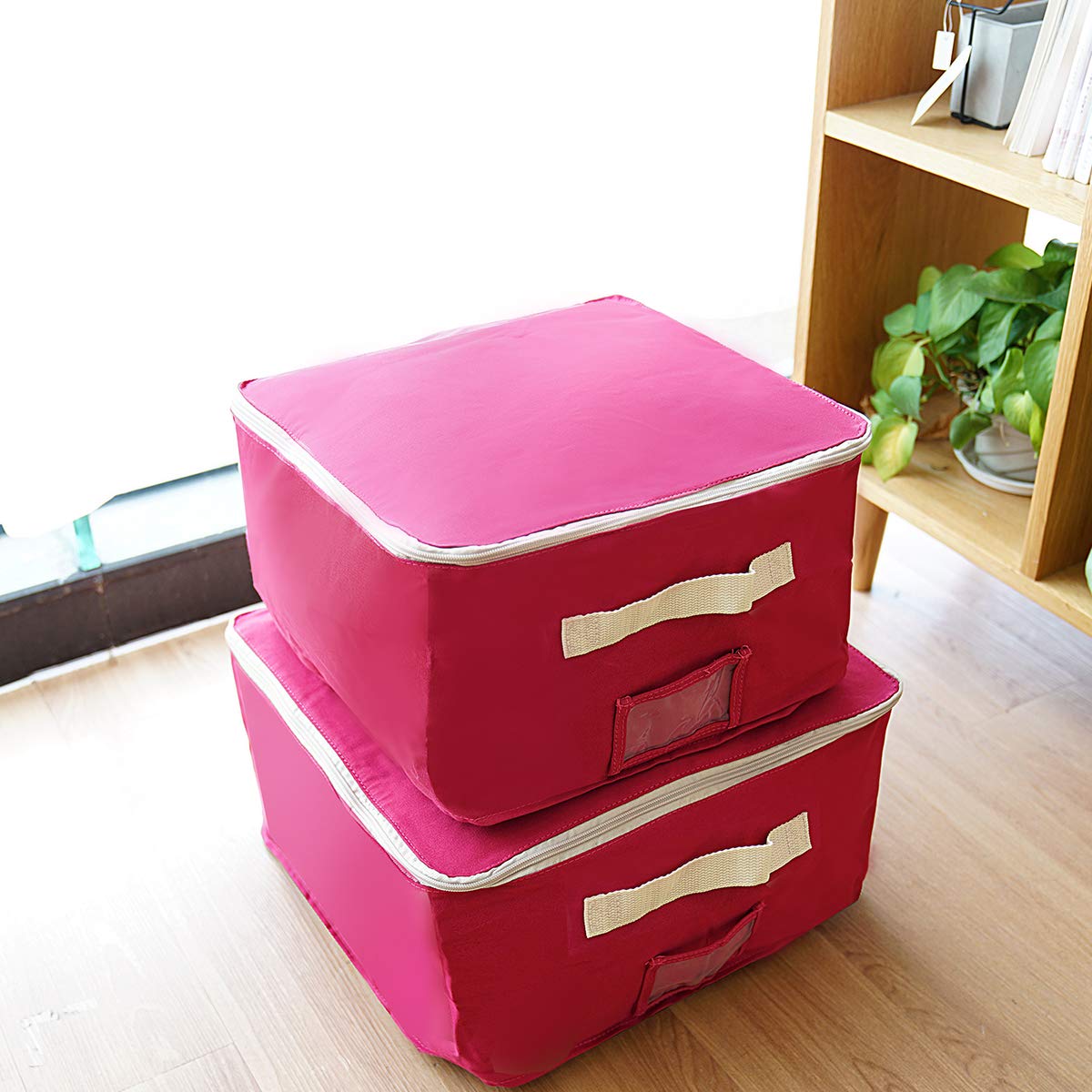 STORAGEMANIAC Set of 4 Canvas Storage Organizer Bags - Red & Beige