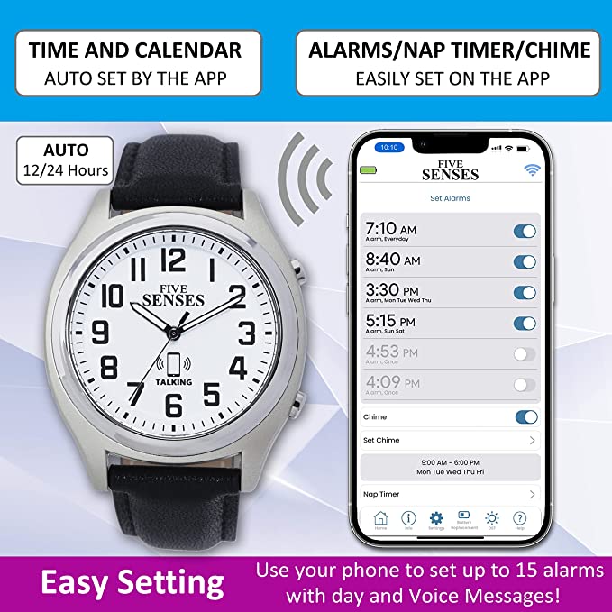 FIVE SENSES - Bluetooth Atomic Talking Watch for Visually Impaired - App Controlled Second Generation Atomic Talking Wrist Watch for Blind and Seniors - Large Numbers Watch with Expansion Band