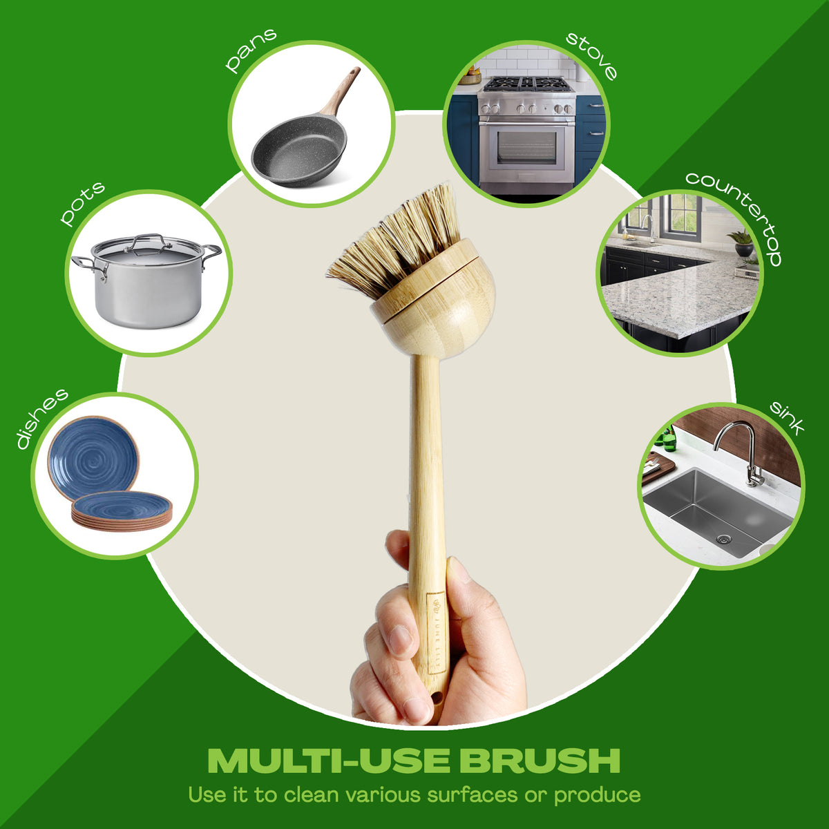Long Coconut Dish Brush for Kitchen Bathroom Cleaning Produce Washing Dishes