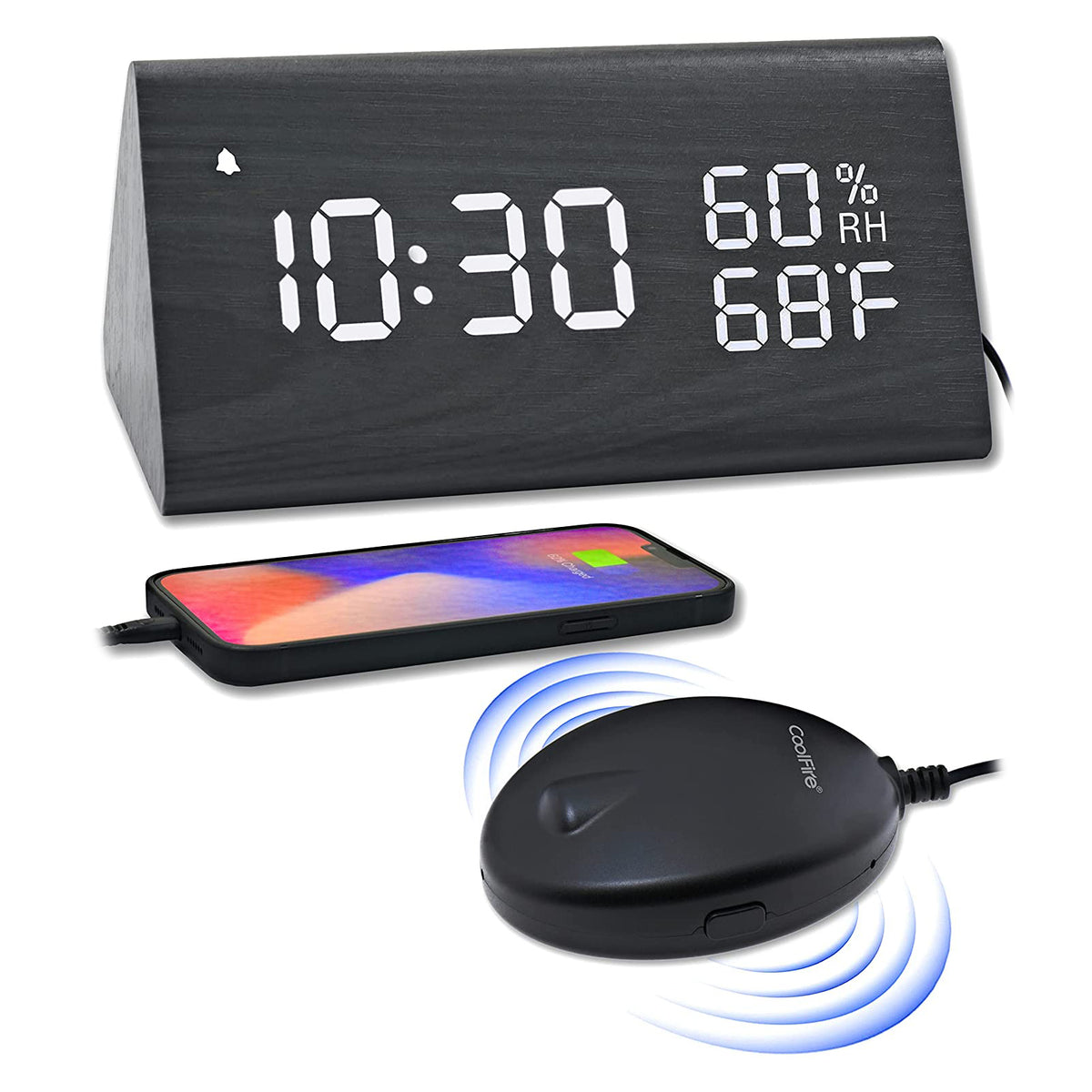 Coolfire Wooden Digital Alarm Clock with Vibrating Bed Shaker