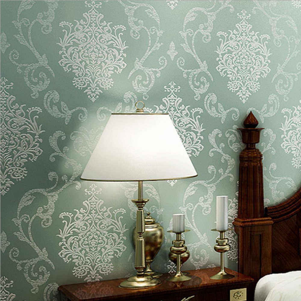 European Style Luxury 3D Damask Pearl Powder Finish Wallpaper Roll (Light Green)