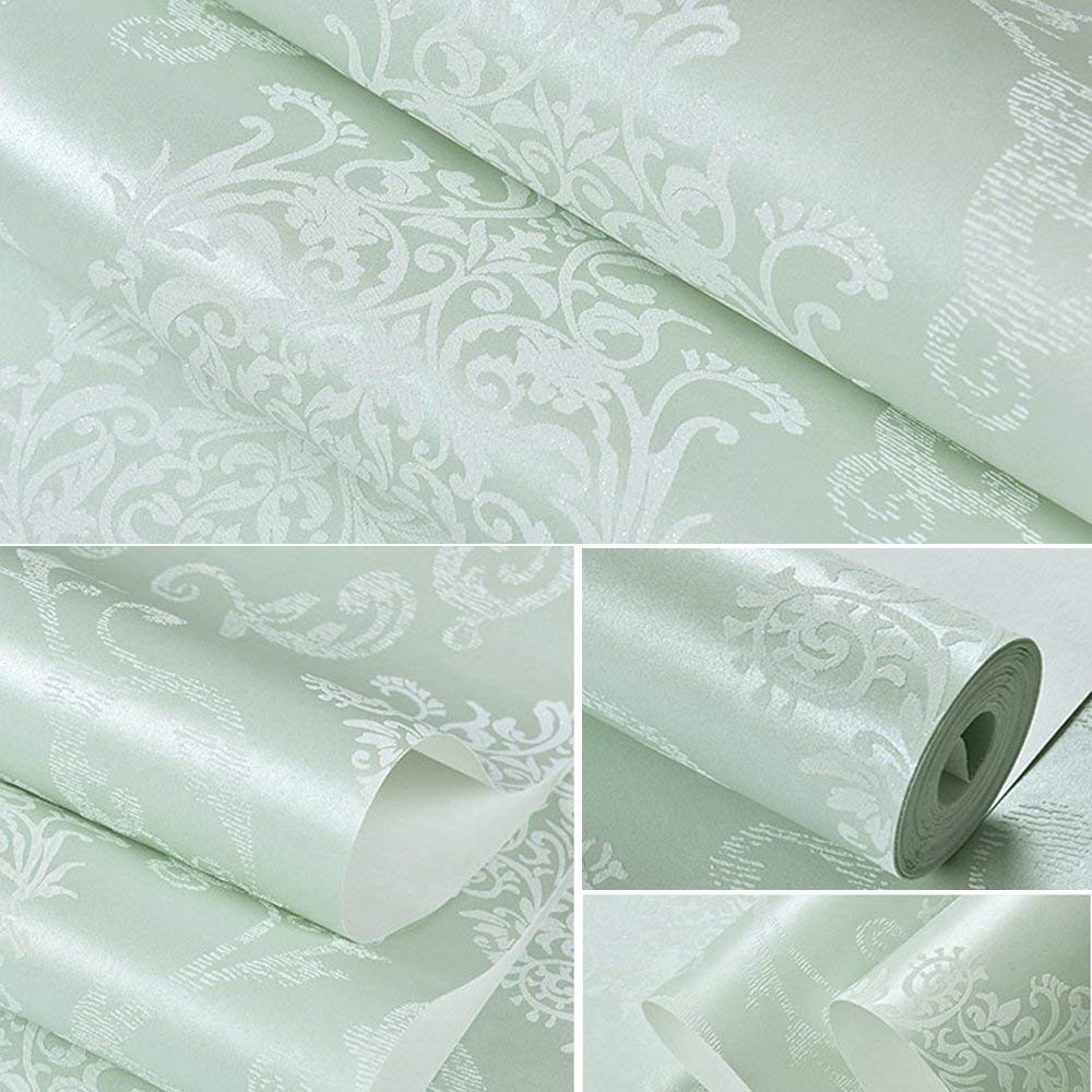 European Style Luxury 3D Damask Pearl Powder Finish Wallpaper Roll (Light Green)