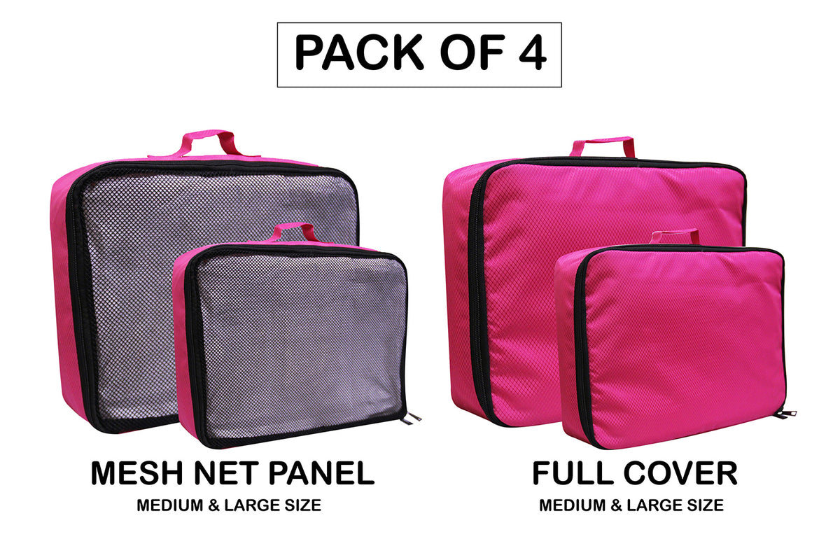 Travel Packing Cube Mesh & Covered Bags - PACK of 4 (Hot Pink)