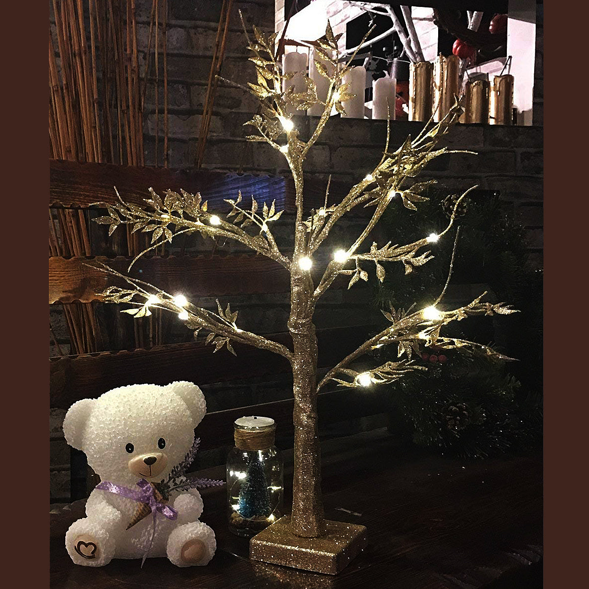 Glitter Gold Christmas Tree Warm White Light Battery-Powered Cordless (18")