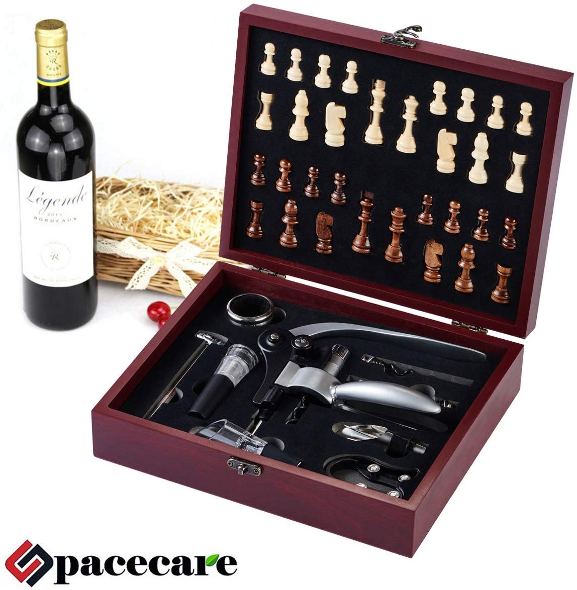 SPACECARE Wine Opener Corkscrew, Aerator with Dark Cherry Chess Box - 10 PC Kit