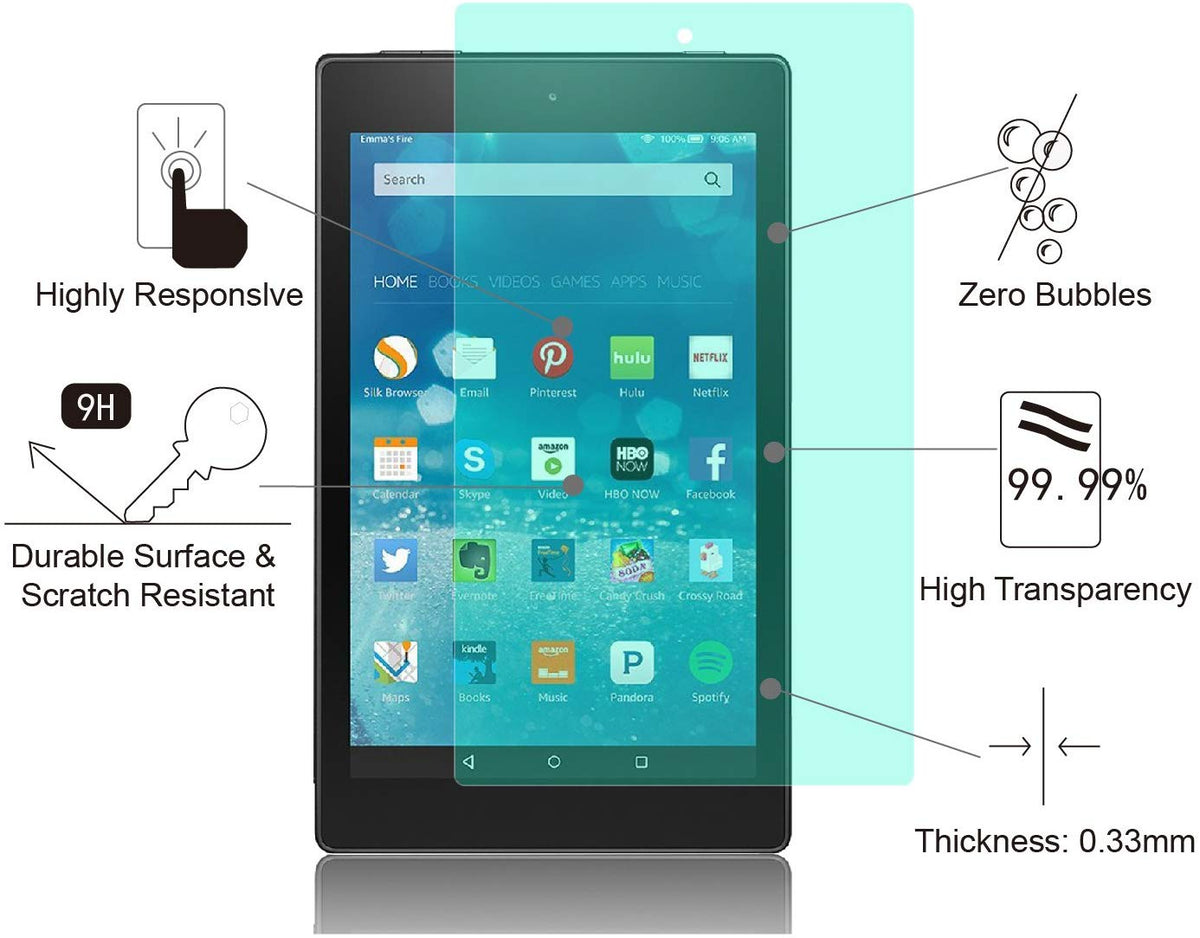Tempered Glass Screen Protector for Kindle Fire 8" HD8 (5th Gen - 2015)