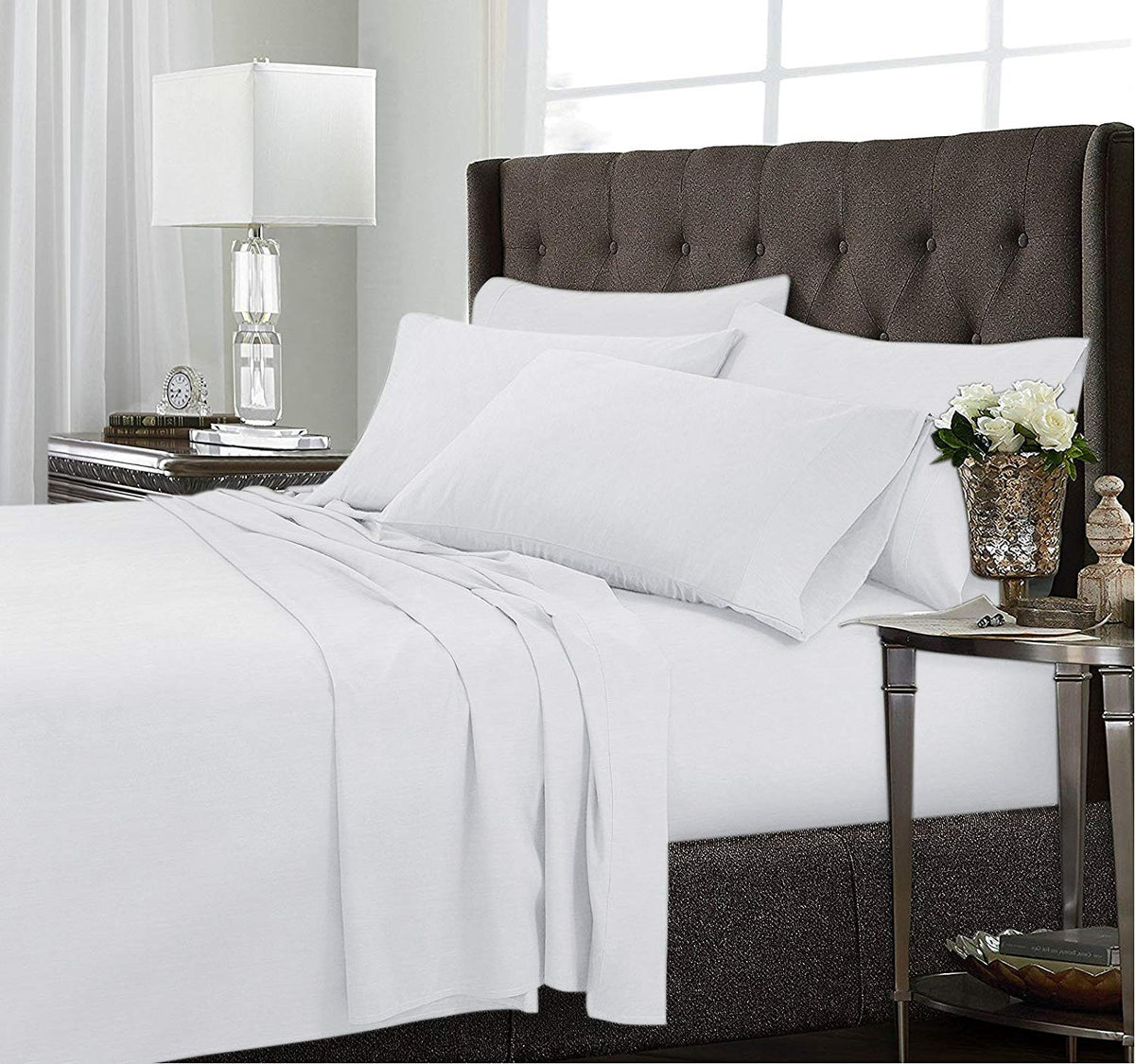 Marquess Microfiber Polyester Bed Sheet 4-Pc King Size Bedding Set (White/Gray)