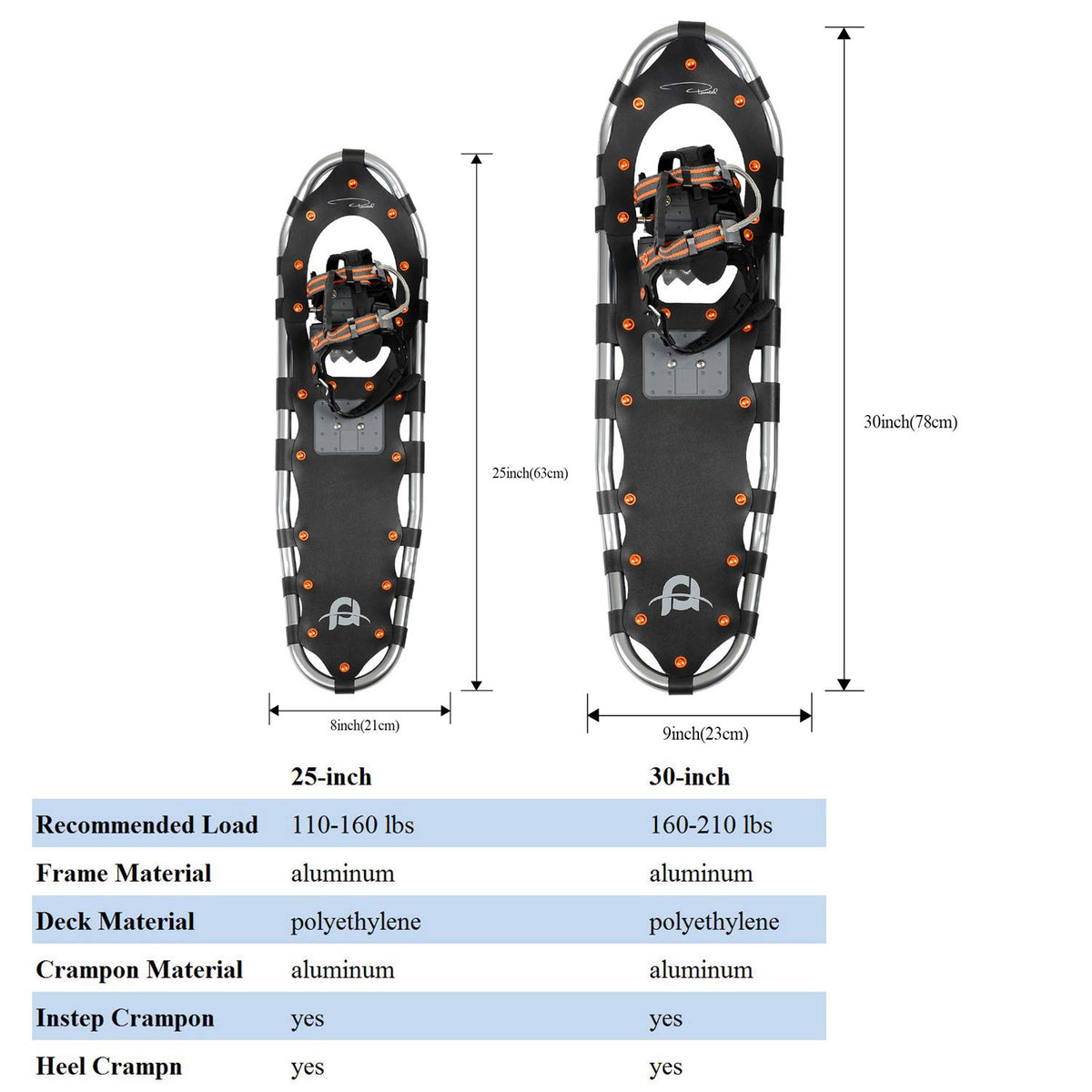 Pansel 25" Lightweight Aluminum Snowshoes for Men, Women, Youth + Tote