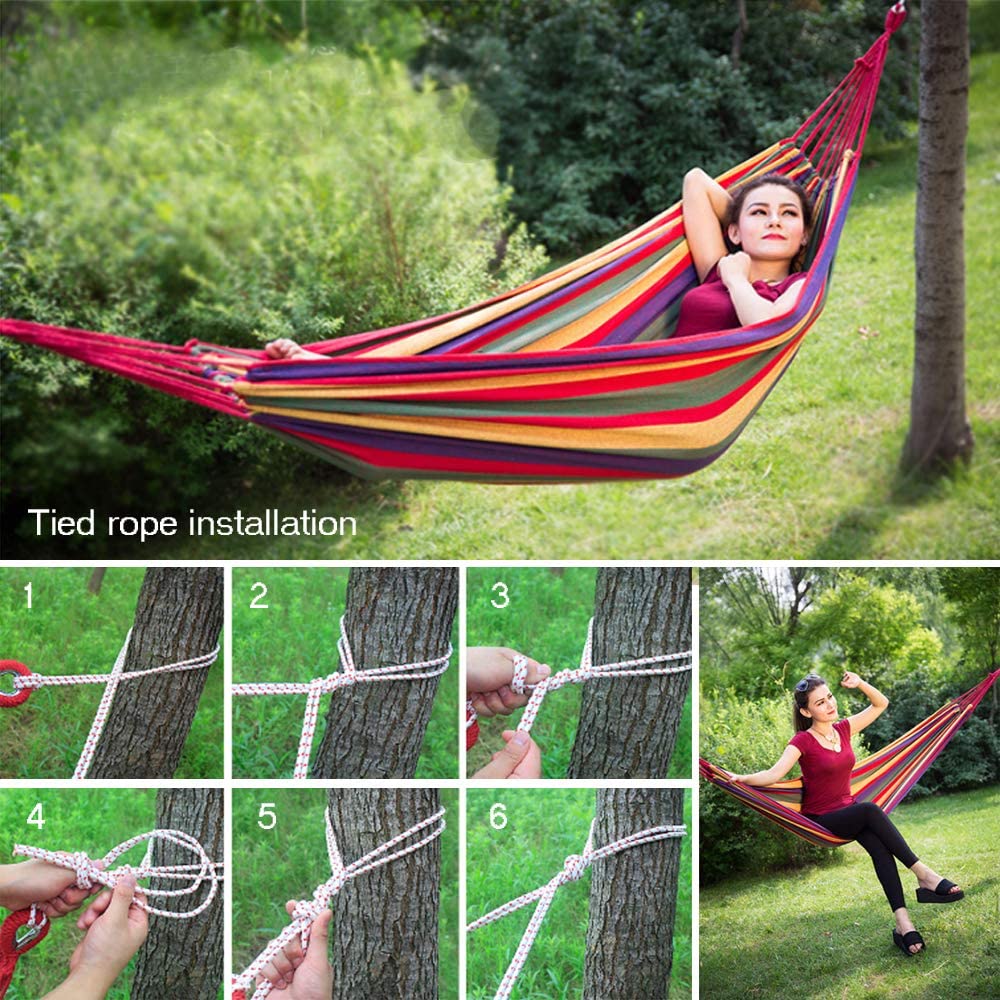 JUNELILY Colored Stripes Hanging Rope Hammock for Outdoors Backyard Camp