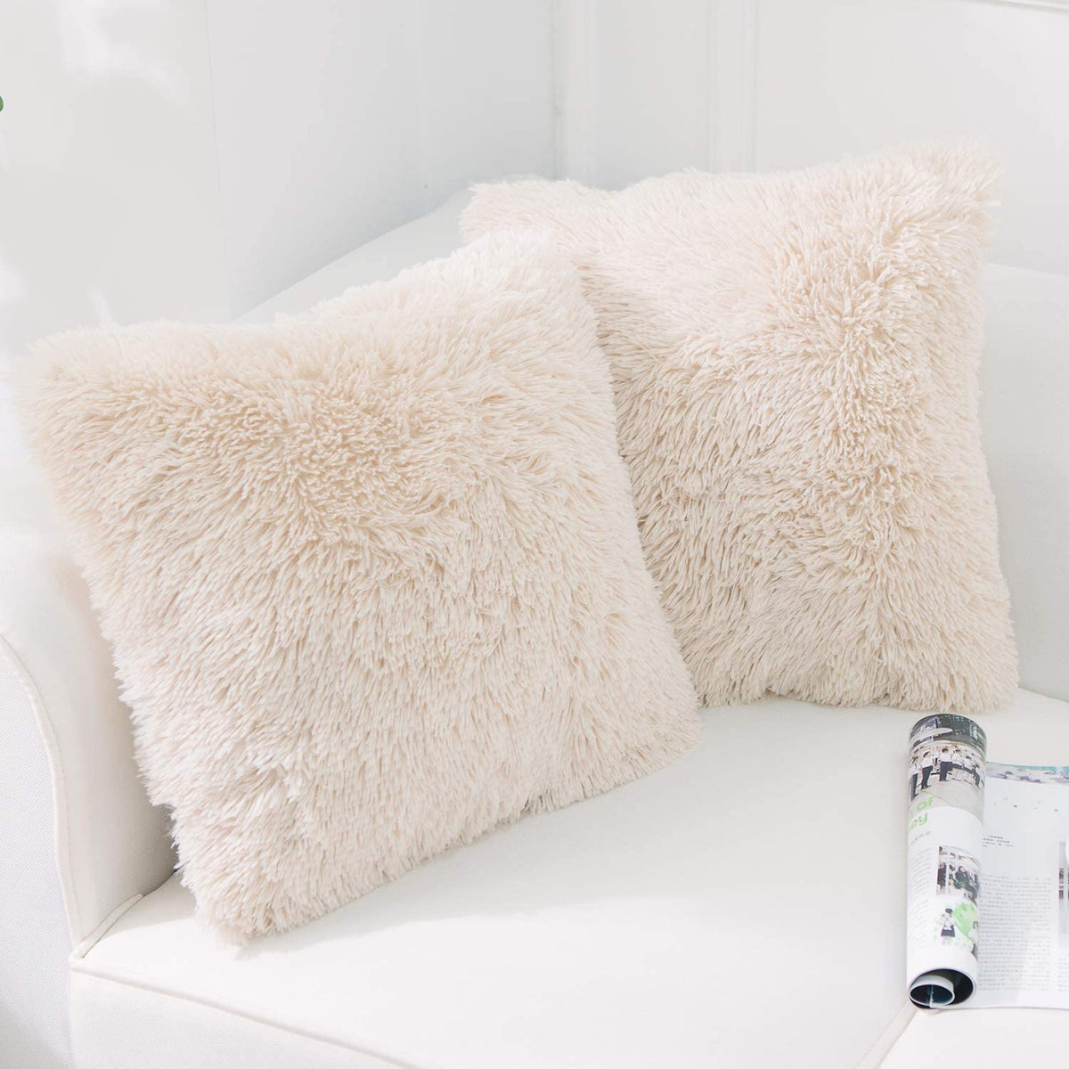 Luxury Soft Faux Fur Fleece Cushion Cover Pillowcase Decorative Pillow - 2 Pack, Beige