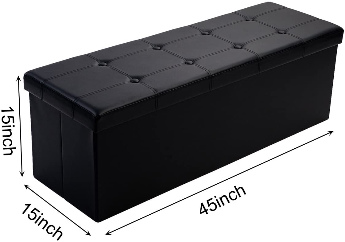 Collapsible Storage Ottoman | 45 x 15 x 15 Inch Faux Leather Storage Box Seat