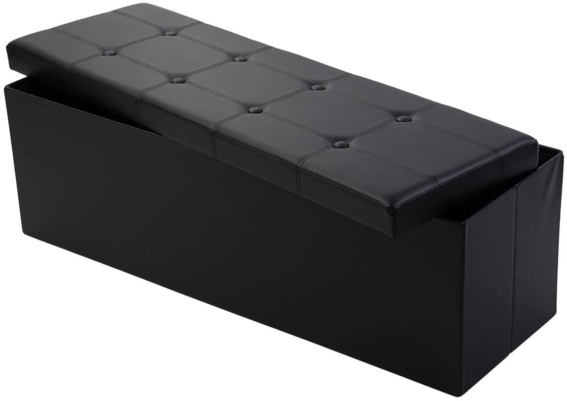 Collapsible Storage Ottoman | 45 x 15 x 15 Inch Faux Leather Storage Box Seat
