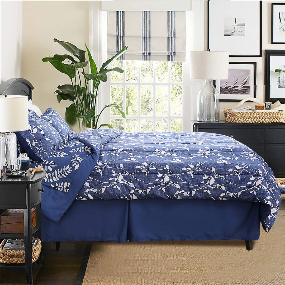 HONEYMOON - 6PC Comforter Set for Bedroom Guest Room - Twin, Blue with White Leaves