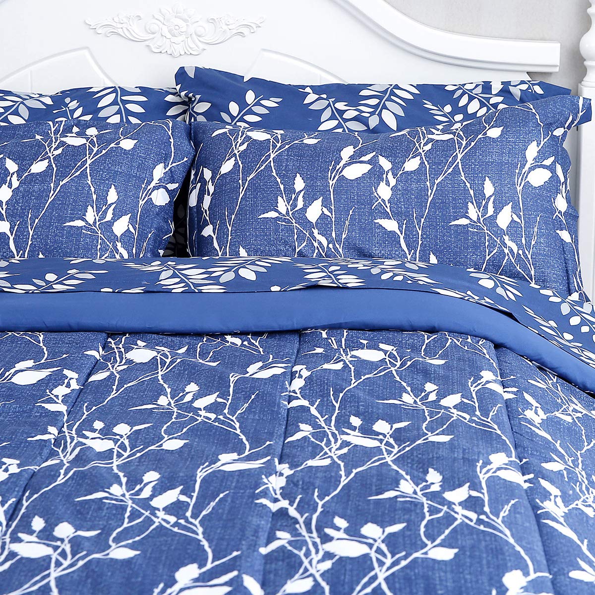 HONEYMOON - 6PC Comforter Set for Bedroom Guest Room - Twin, Blue with White Leaves