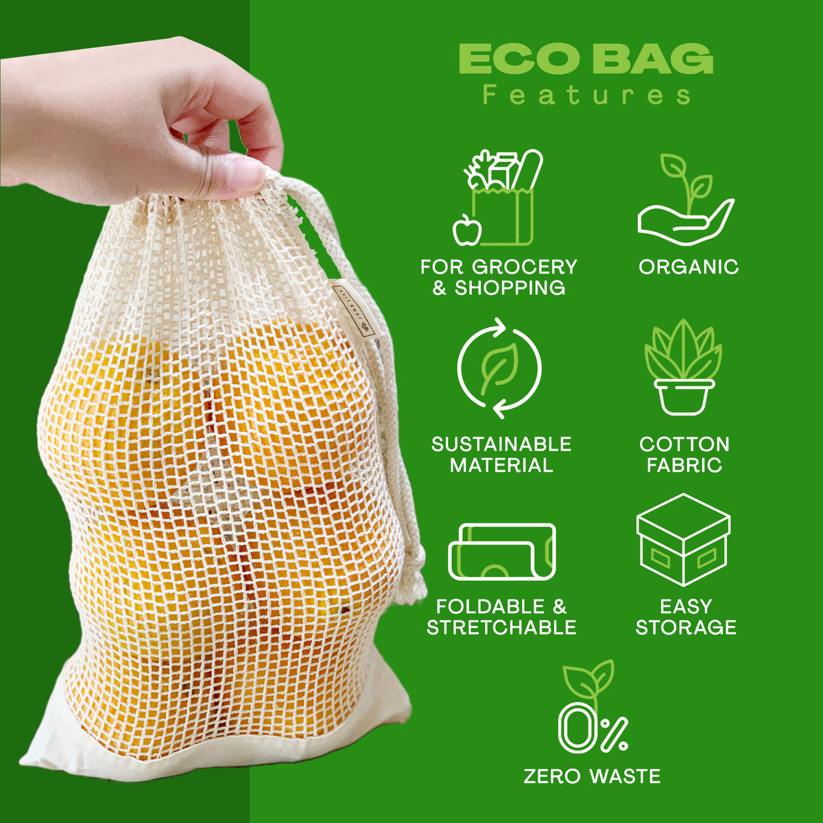 Reusable Vegan Organic Cotton Produce Bags for Grocery Shopping - Mesh Produce Bags