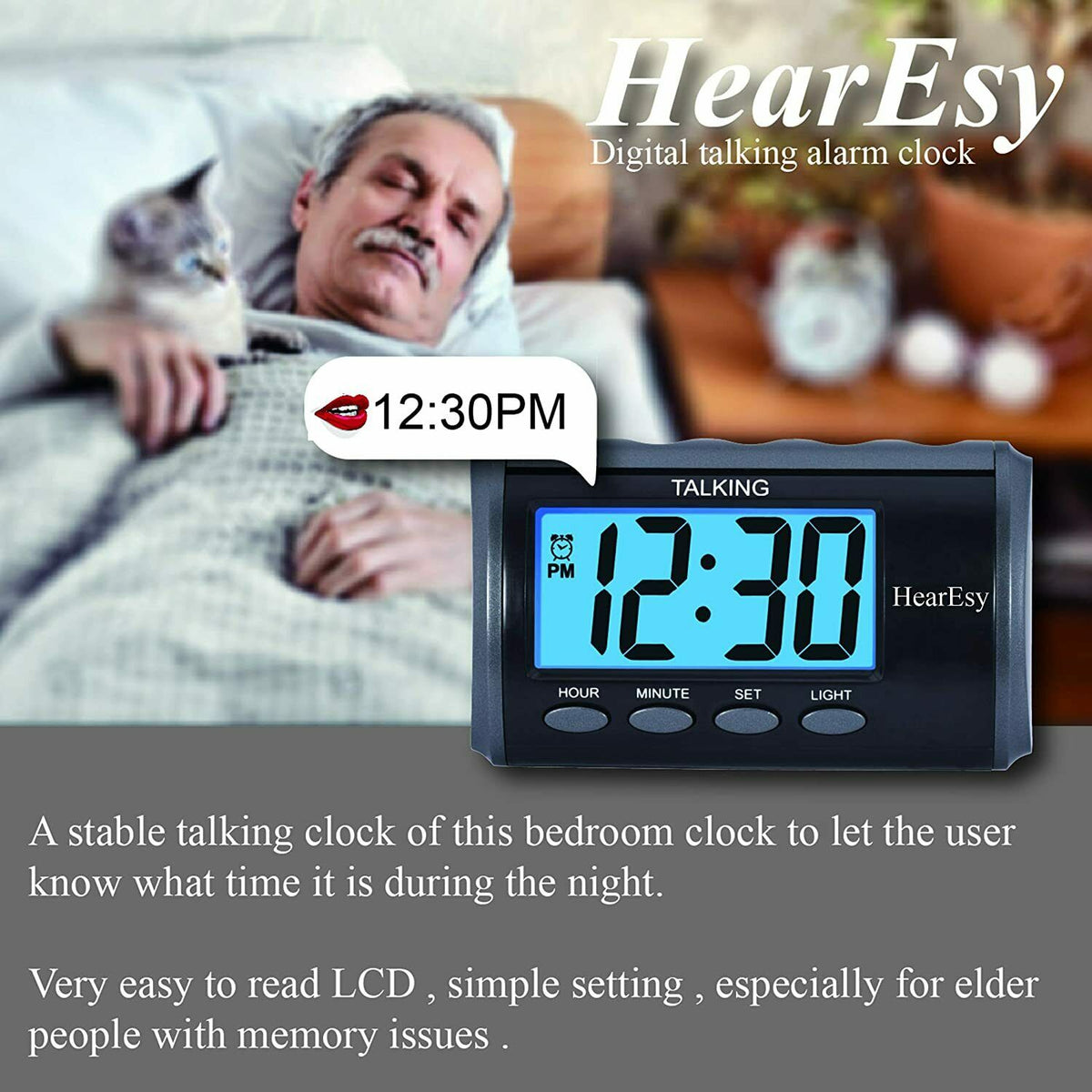 HearEsy Talking Alarm Clock for Visually Impaired Large Numbers Desk Clock for Senior